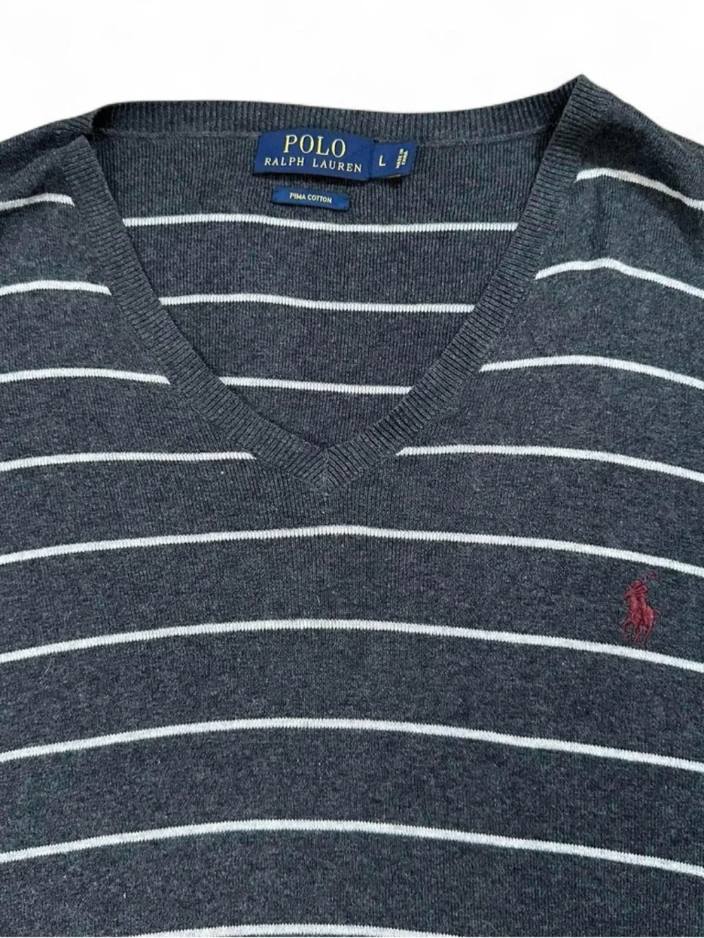 Polo Ralph Lauren Men’s Striped Gray Pima‎ Cotton V-Neck Sweater Size Large